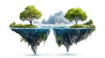 Alternate dimension with floating islands and fragmented reality, hyperrealistic textures, dramatic lighting, realistic atmosphere isolated on white background