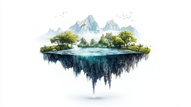 Alternate dimension with floating islands and fragmented reality, hyperrealistic textures, dramatic lighting, realistic atmosphere isolated on white background
