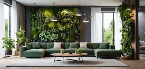 An elegant living room features a green sectional sofa and thriving botanical wall decor ambiance.