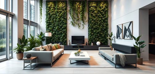 Modern living room featuring vertical garden walls, minimalist furniture, and a serene atmosphere.