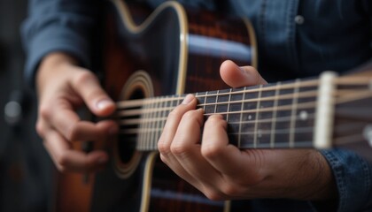 Obraz premium Close-up of a guitar in the hands of a musician. Copy space, 32k Resolution