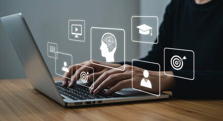 Person Typing on Laptop with AI, Education, and Business Icons Overlaying the Screen