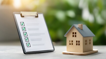 Home inspections with checklist. Miniature house model beside a checklist on a clipboard.