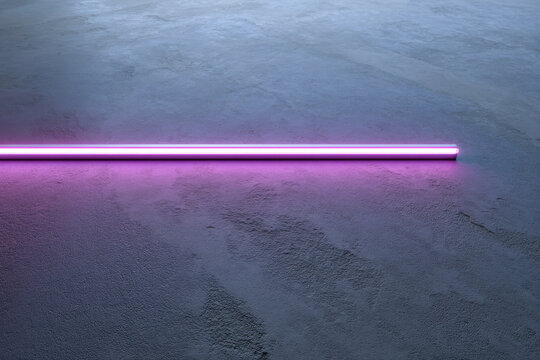 A single horizontal neon tube casts a vibrant pink glow on a textured concrete surface