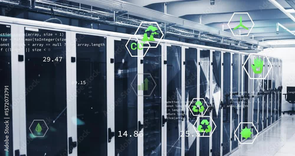 Poster code scrolling causing hex icons fading in server aisle, animating lines and visualizing metrics