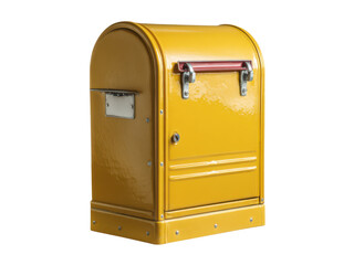 Bright yellow metal mailbox with red handle and silver latch post delivery, Isolated, Transparent Png