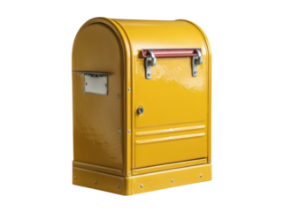 Bright yellow metal mailbox with red handle and silver latch post delivery, Isolated, Transparent Png