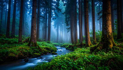 Obraz premium Misty fantasy forest, tall trees