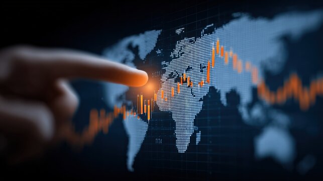 Global stock market tracking chart with rising line graph and digital world map with trading data icons in dark background