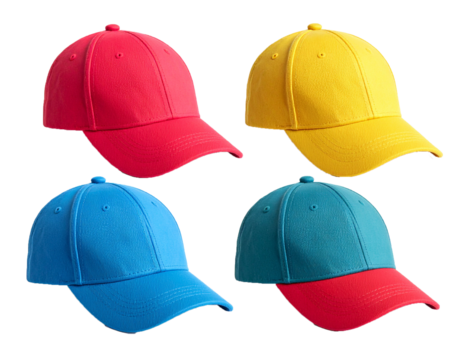 Colorful baseball caps collection on transparent background