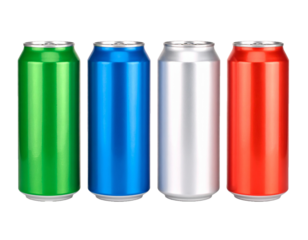 Set of colorful aluminum beverage cans isolated on transparent background