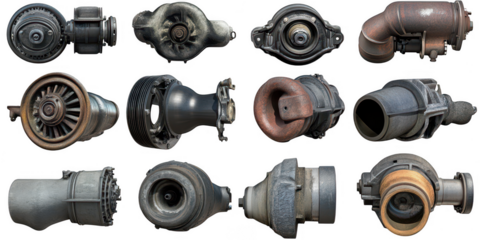 Collection of Industrial Machine Parts: Metal Components isolated on white png transparent background