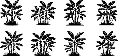 A set of banana plants silhouette vector illustration