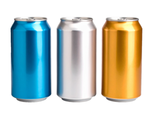 Set of three colorful soda cans on transparent background