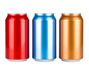 Set of three colorful soda cans on transparent background