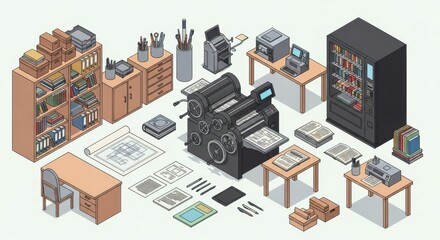 Naklejka premium An isometric view of a vintage printing press and office equipment