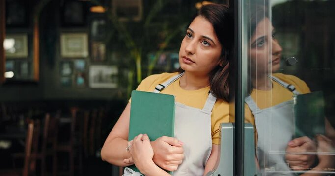 Think, waitress and woman with tablet, cafe and stress for financial crisis, startup and bankruptcy. Contemplating, barista and person with anxiety for retrenchment, reflection or small business fail