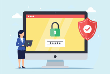 Cybersecurity Concept Vector Illustration, Password Protection, Shield Icon, Online Access Security, Digital Safety, Data Encryption, User Authentication, Internet Privacy, Lock Symbol Design