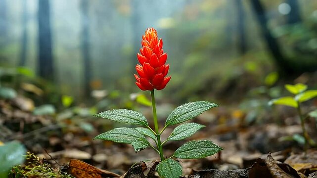 Vibrant red Costus Woodsonii flower amidst the serene forest landscape, showcasing its beauty