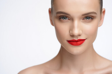 Portrait of a woman with red lipstick on a white background
