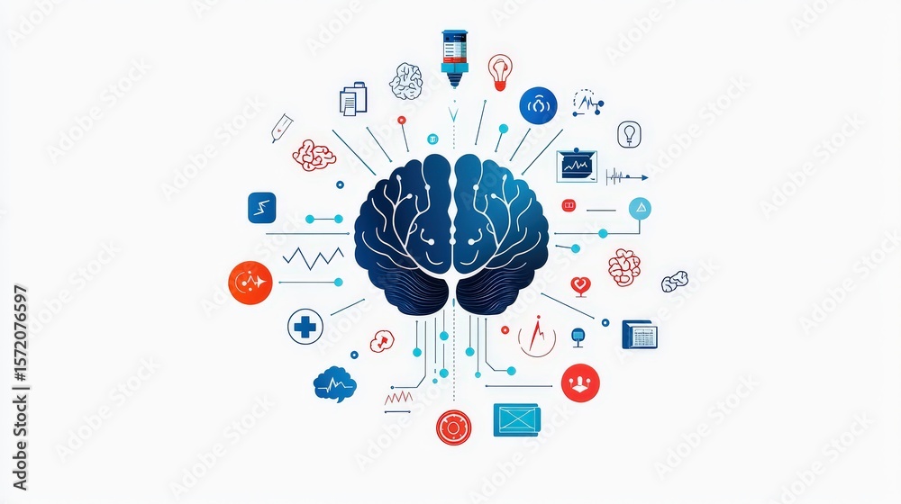 Poster flat ai diagram combining neural pathways and flowchart symbols to represent hybrid reasoning