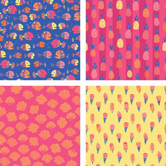 This pattern set is a vibrant, playful celebration of summer, filled with tropical and seaside motifs in a bright, retro color palette of pinks, yellows, oranges, and blues.