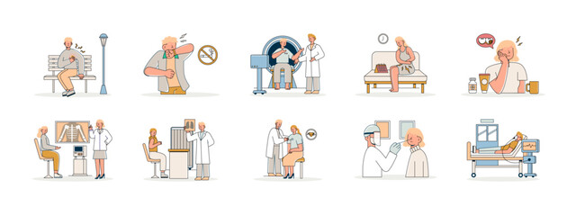Various people health problems, which are inside the body or injuries. Healthy problems illustrations set. Flat vector illustration concept.