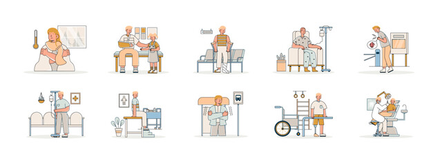Various people health problems, which are inside the body or injuries. Healthy problems illustrations set. Flat vector illustration concept.