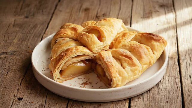 freshly baked apple strudel placed on a white ceramic plate close-up view.ai 