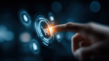 Close-up of a human finger interacting with a digital cryptocurrency icon on a futuristic touchscreen interface with glowing blue elements