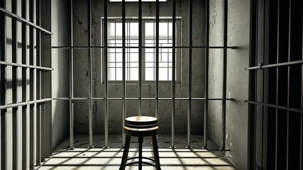 Empty jail cell with a solitary stool under natural light, evoking feelings of isolation - Powered by Adobe