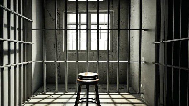 Empty jail cell with a solitary stool under natural light, evoking feelings of isolation