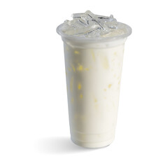 Iced sweet milk drink in plastic cup
