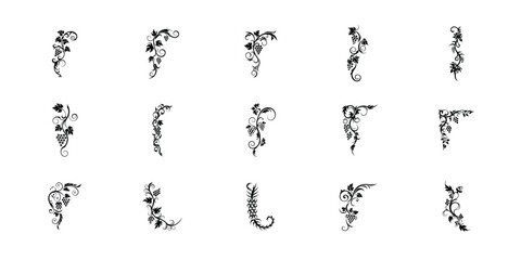 Decorative grapevine vector icon pack with minimal black silhouettes of elegant vines, leaves and grape clusters for wine branding and graphic design

