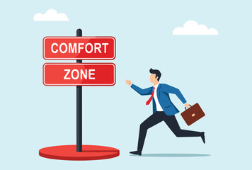 Businessman Running from Comfort Zone Vector Illustration, Motivational Career Concept, Personal Growth Journey, Challenge and Success, Professional Development, Strategy, Action