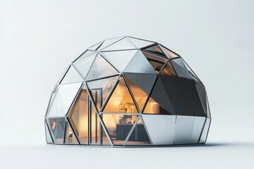 Modern geodesic dome house, interior lit, studio shot