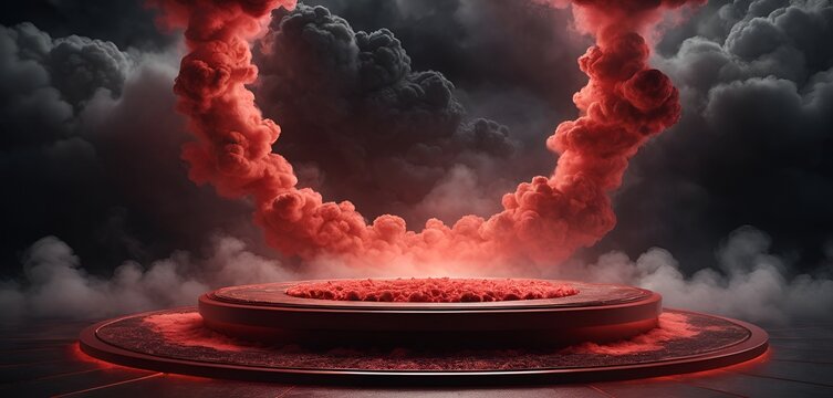 A dramatic display with a red platform and swirling red smoke against a dark cloud backdrop. - Powered by Adobe