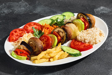 Grilled vegetable shashlik platter, bright lighting, overhead composition