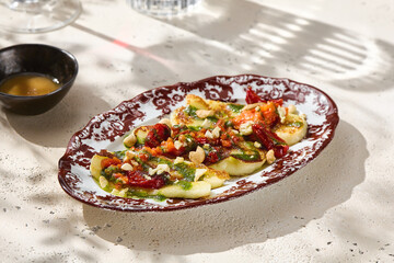 Halloumi cheese with tomato salsa, bright natural light, overhead restaurant flatlay