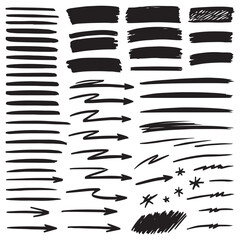 Collection of hand drawn black marker brush strokes lines arrows and scribbles isolated on white background