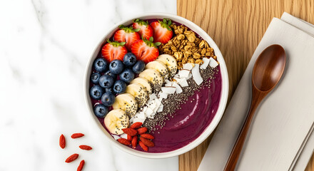 Colorful nutritious smoothie bowl with berries and superfoods, top-down view