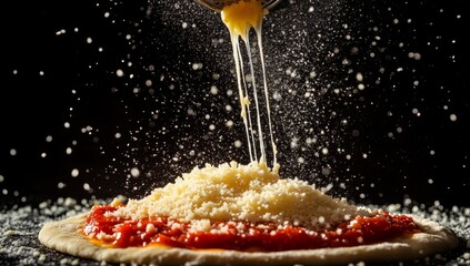 Melted cheese being poured onto pizza, black background