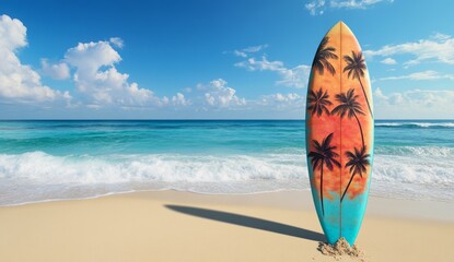 Colorful surfboard on tropical beach; sunny day; ocean waves; artistic design