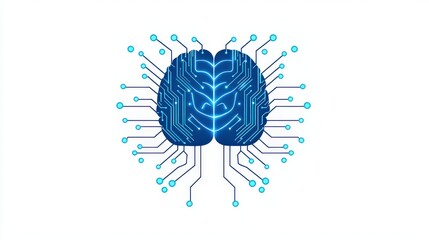 Minimal vector of a brain made of binary code and digital circuits, futuristic design on white background