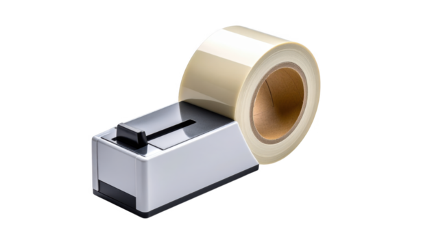 Gray tape dispenser with roll of transparent tape isolated on transparent background