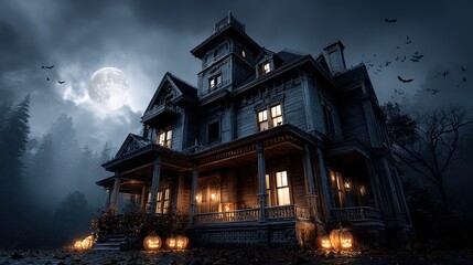 Spooky Haunted House with Jack-o'-Lanterns at Night