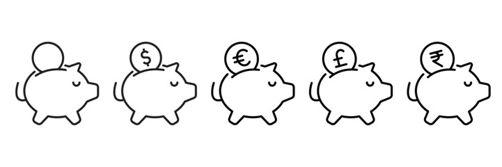 Piggy Bank Icon Set With Different Currencies