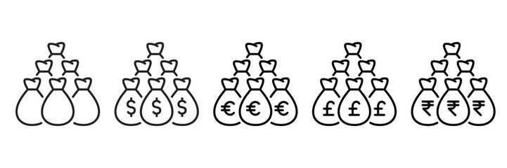Money Bag Icon Set With Different Currencies