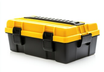 Yellow and black plastic toolbox on white background (2)