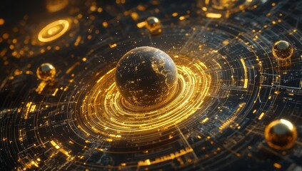 Global network, digital Earth, glowing rings, futuristic interface